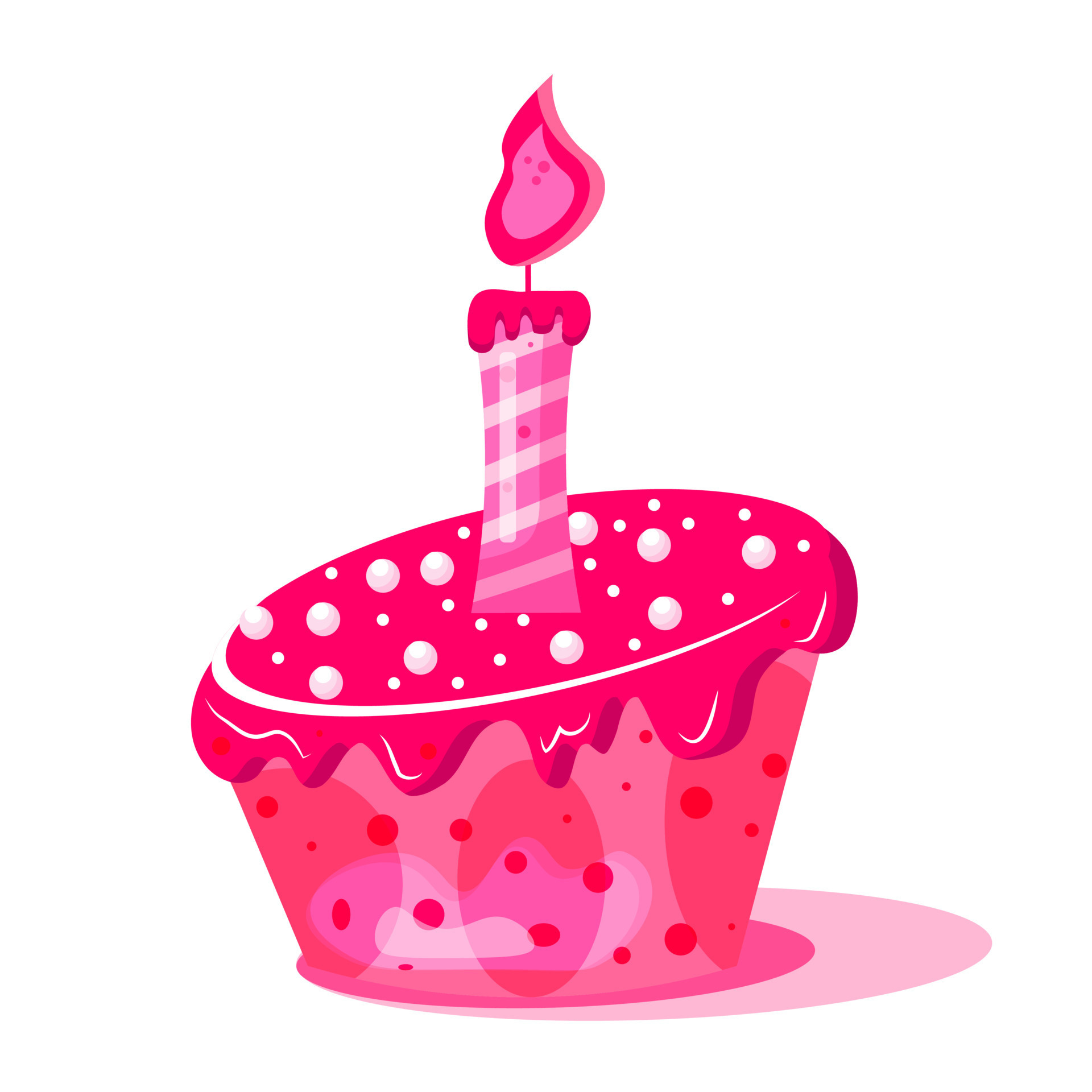 Cartoon cakes. Pink Birthday cake with celebration candle. Vector