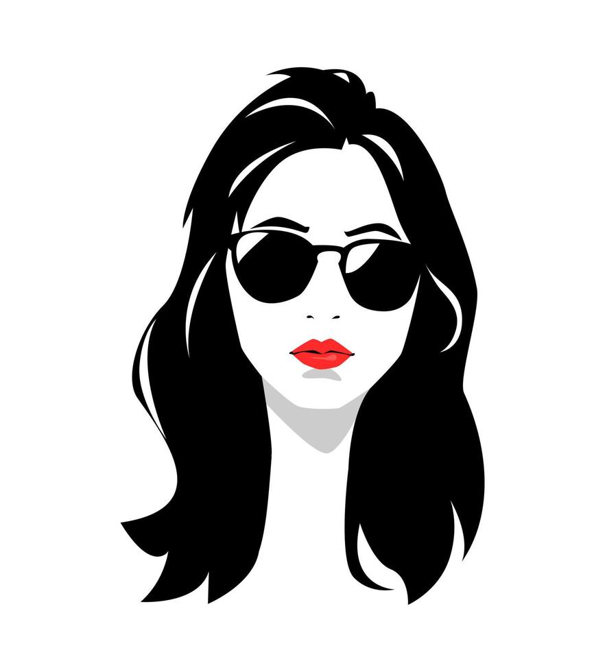 retrato de una hermosa chica con cabello largo y gafas. diseño vectorial silueta. fondo blanco aislado. vector