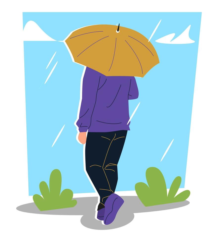 hombre caminando con paraguas en día lluvioso. vista trasera. cielo azul, nubes, gotas de lluvia, hierba. concepto de clima, estaciones. ilustración vectorial plana. vector