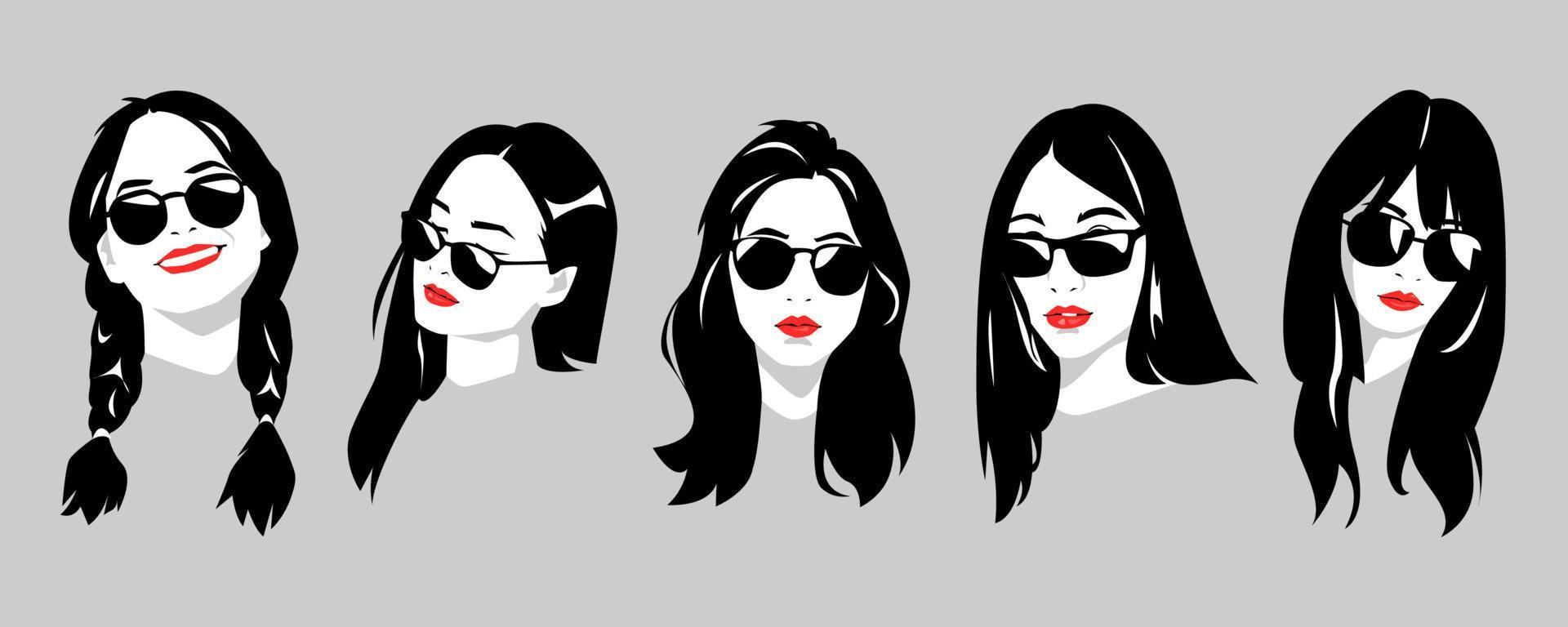 conjunto de iconos de retratos de hermosas chicas con gafas y pelo largo, coleta. diseño vectorial de silueta. vector