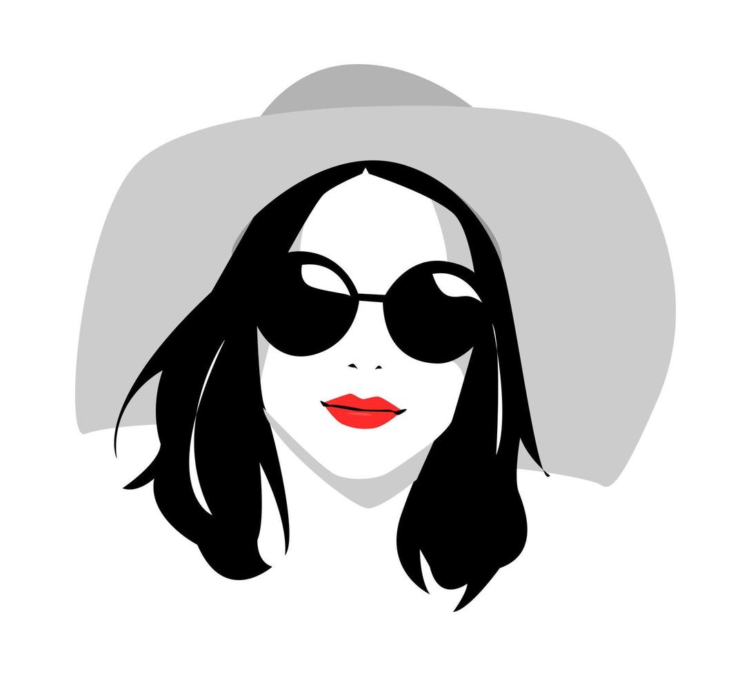 retrato de una hermosa chica con el pelo largo, con sombrero de playa y gafas. diseño vectorial silueta. fondo blanco aislado. vector