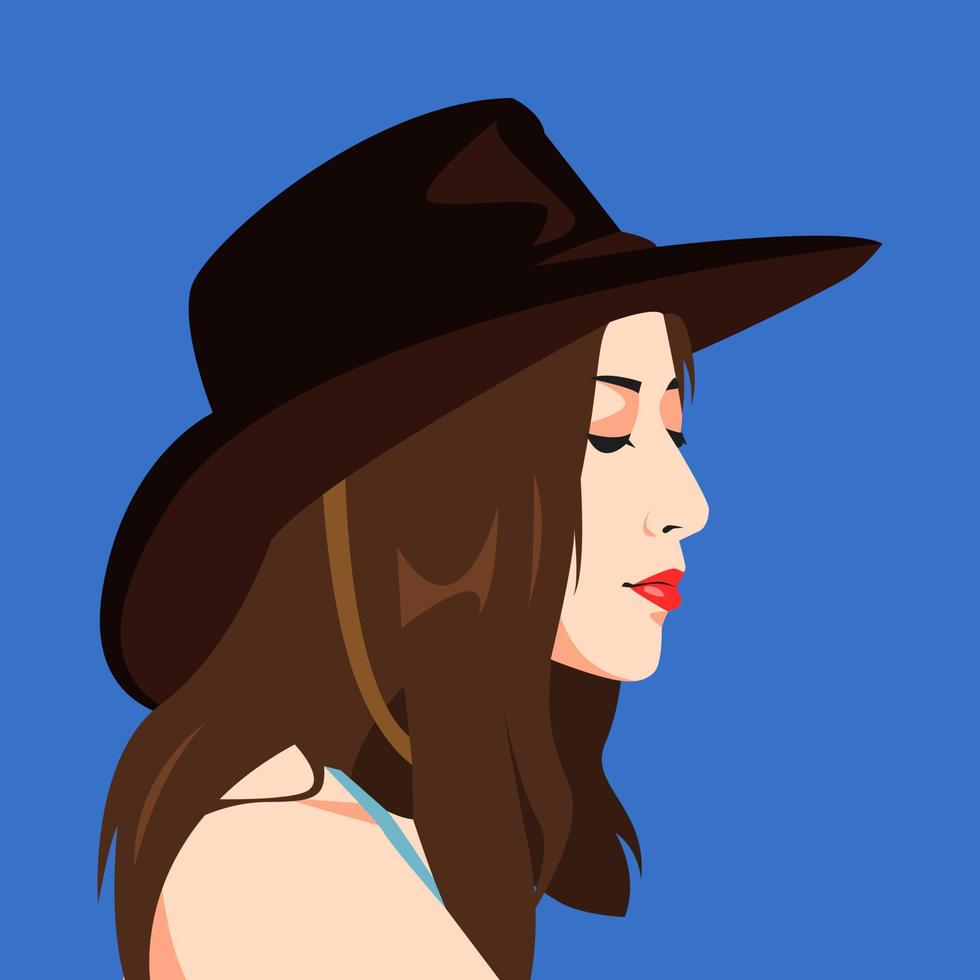 retrato de una vista lateral de la cara de una hermosa joven. con sombrero de vaquero, pelo largo. avatar para redes sociales. de colores. para perfil, plantilla, impresión, pegatina, póster, etc. ilustración vectorial plana. vector