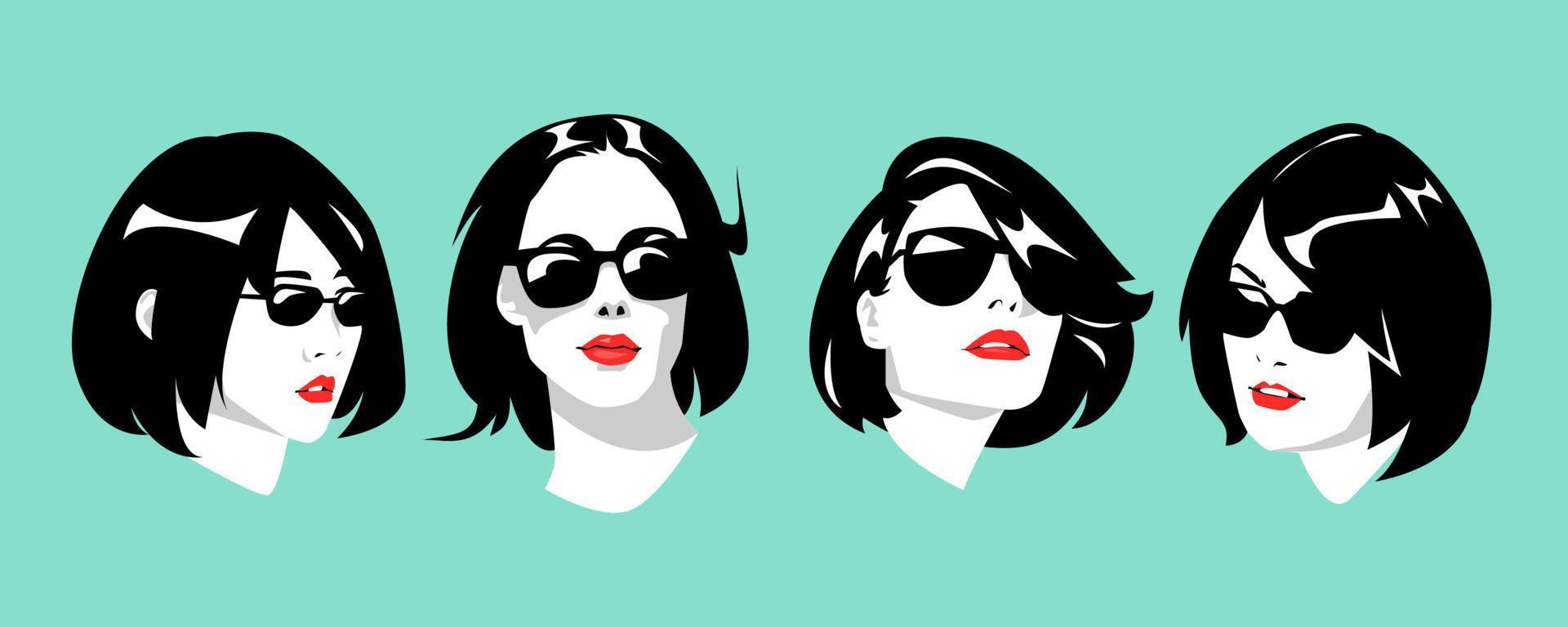 icon set of portraits of beautiful girls in glasses and short hair vector
