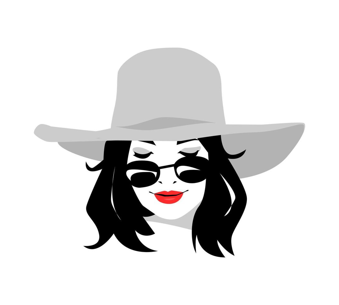 retrato de una mujer hermosa con el pelo ondulado, con un sombrero de playa, gafas. diseño vectorial silueta. fondo blanco aislado. vector