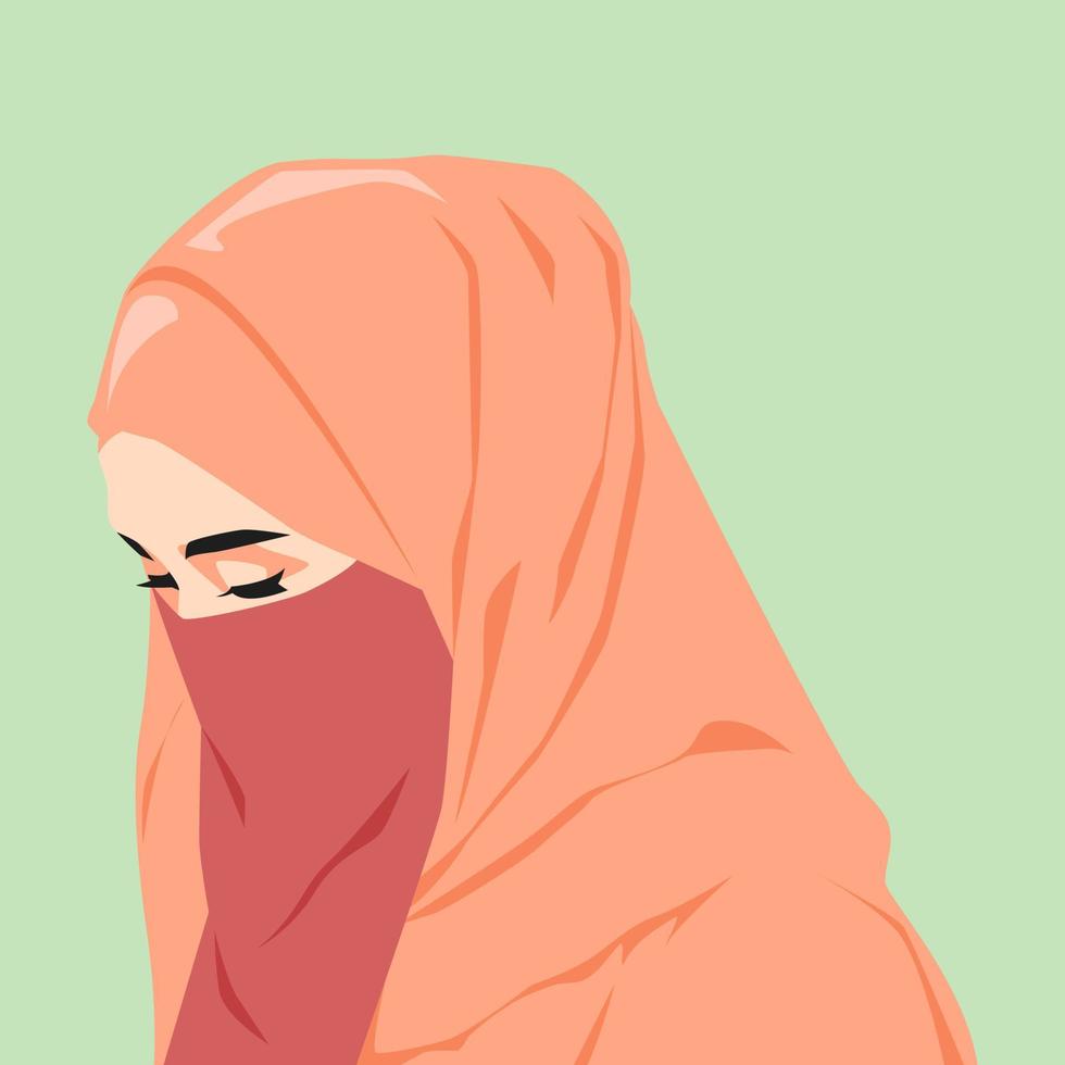 portrait of a beautiful woman wearing a hijab and veil, side view. isolated green background. avatar or profile for social media. vector flat illustration