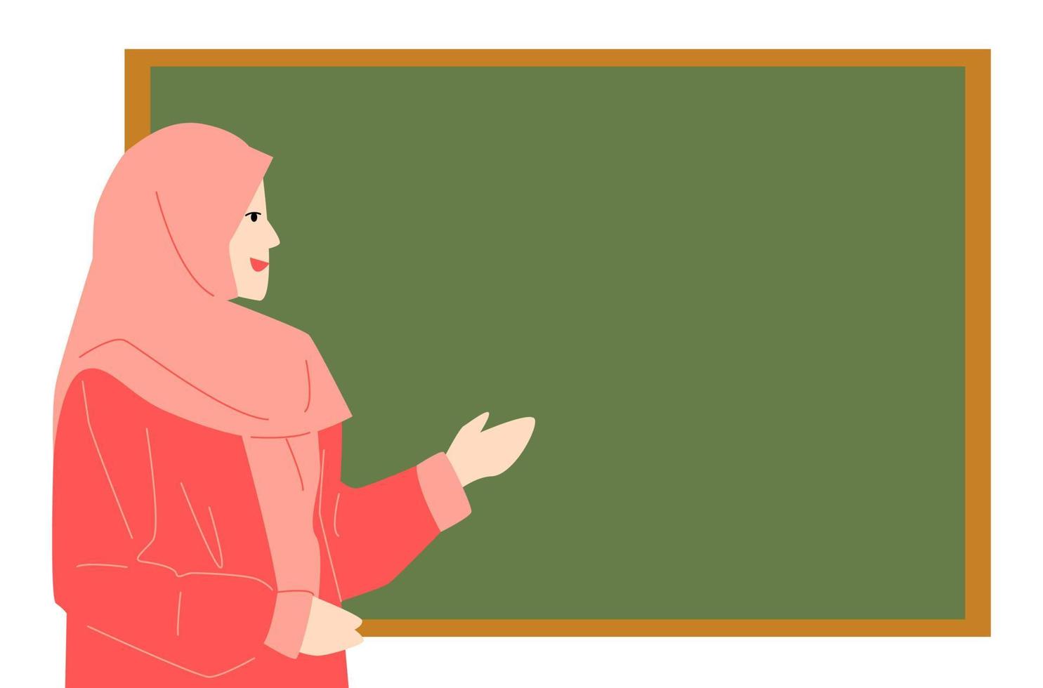 the teacher wearing the hijab is explaining. blank chalkboard. concept of school, learning, education, etc. vector flat illustration