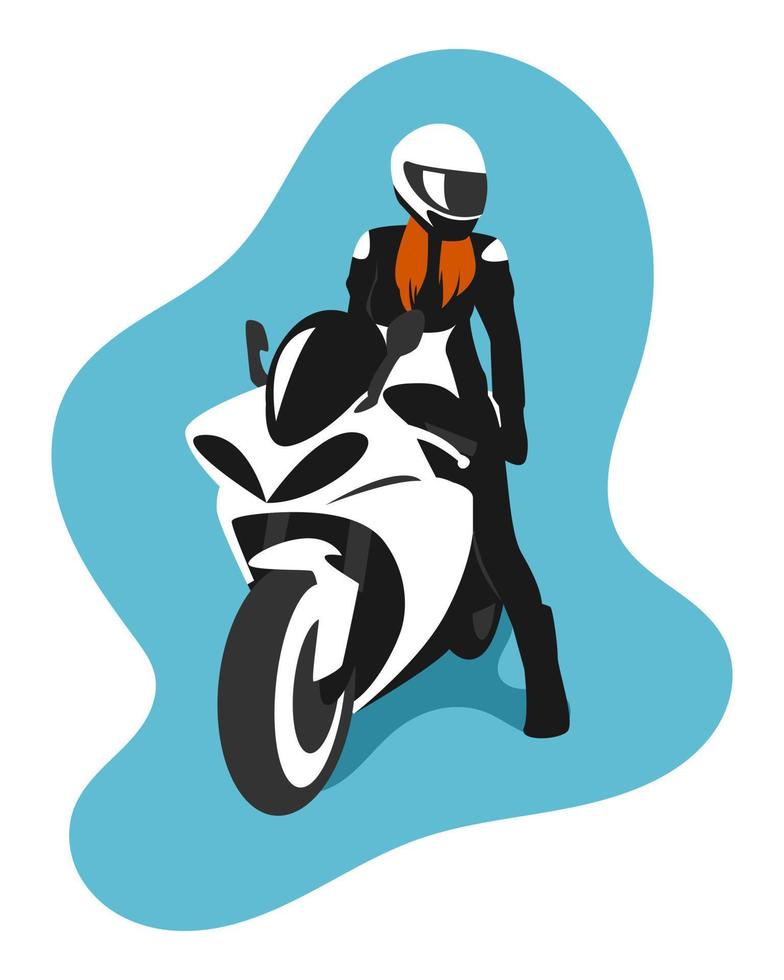 biker girl using a rider helmet. sitting on a motorcycle sport bike. for print, poster, sticker, etc. flat vector illustration.