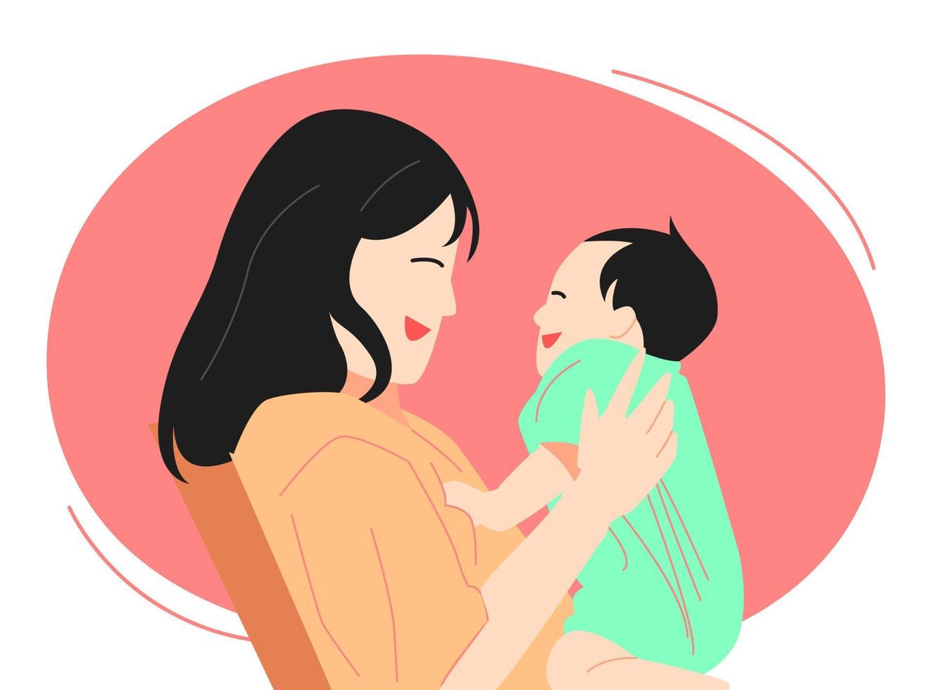a mother holding her child with a happy expression, laughing. side view. half body. concept of parents, family. vector flat illustration.