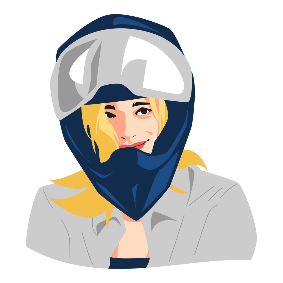 retrato de una hermosa chica rubia con casco de motocicleta. sonreír. adecuado para los amantes de las motos, avatar para las redes sociales. impresión, póster, pegatina, etc. ilustración vectorial plana. vector