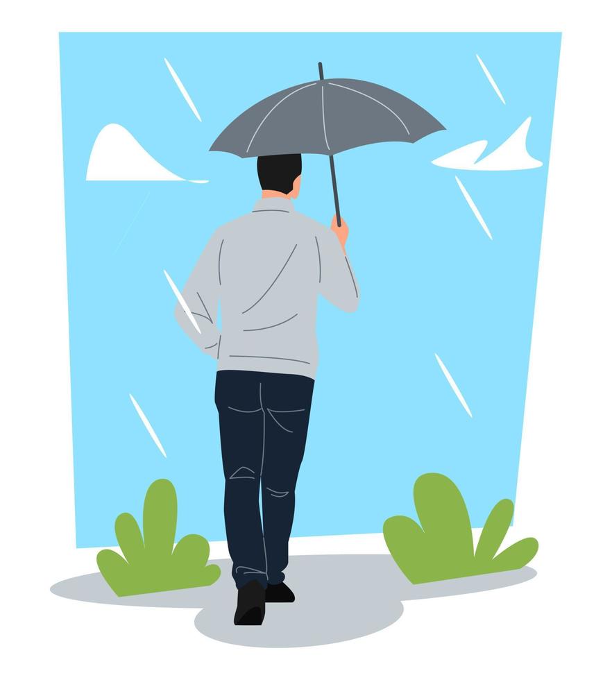 un hombre caminando con un paraguas bajo la lluvia. vista trasera. cielo azul, nubes, gotas de lluvia, hierba. concepto de clima, estaciones. ilustración vectorial plana. vector