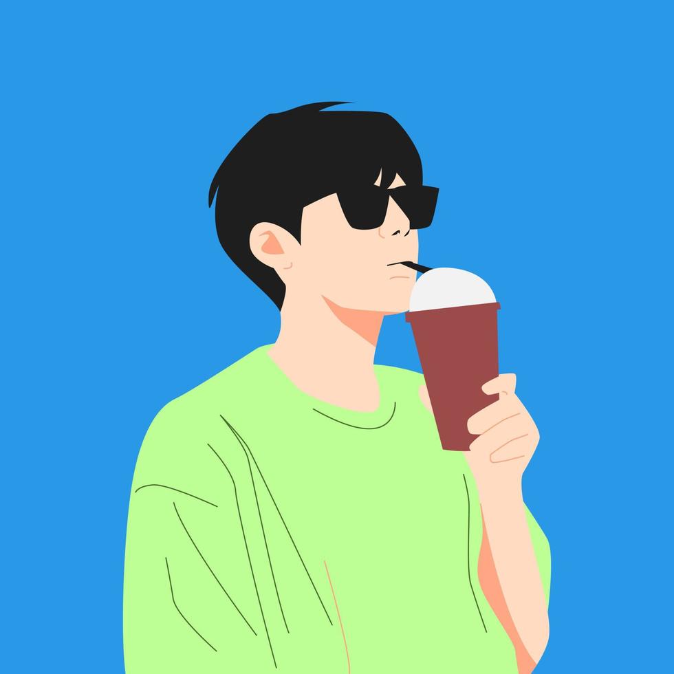 handsome young man wearing glasses enjoying drinking juice, boba milk tea, cocktail. vector flat illustration.