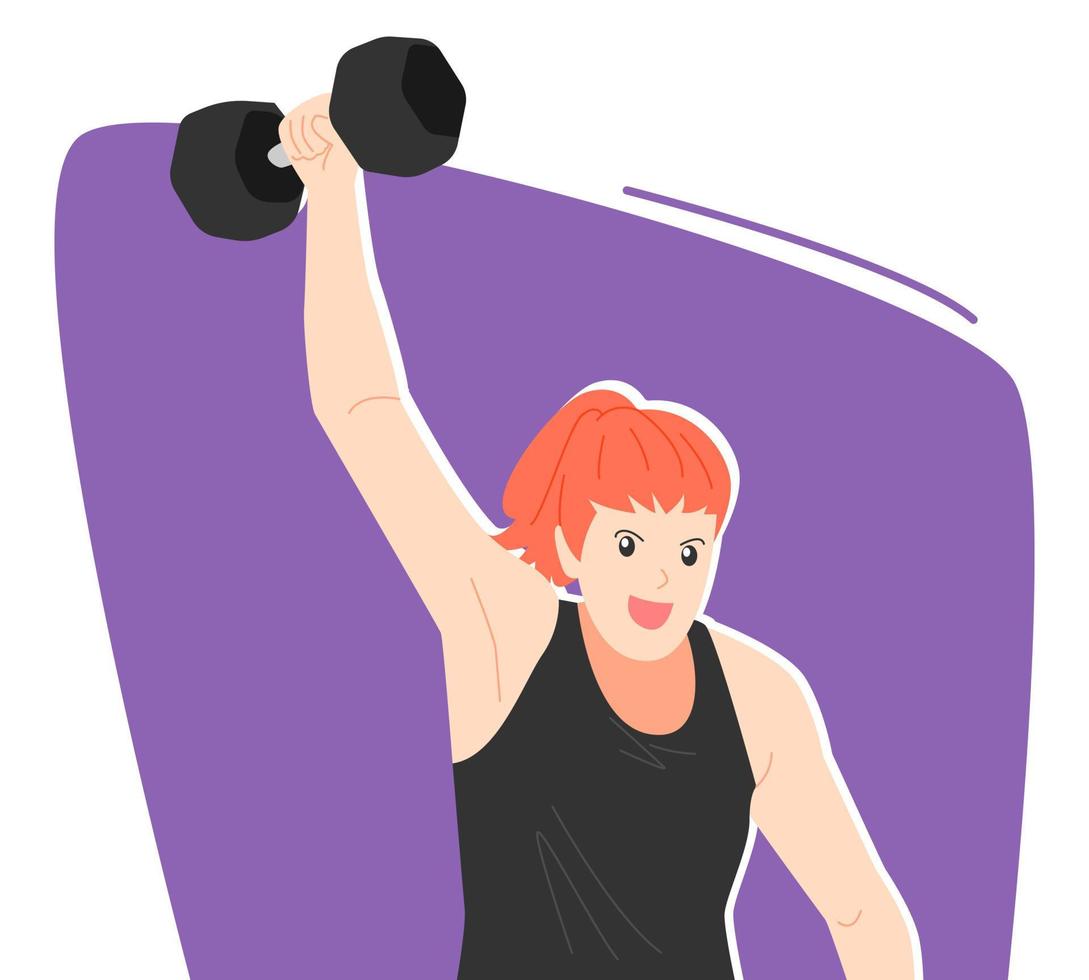 la chica de la cola de caballo levantó la mancuerna con una expresión emocionada y feliz. concepto y tema de fitness, gimnasio, ejercicio, salud. ilustración plana vectorial. vector