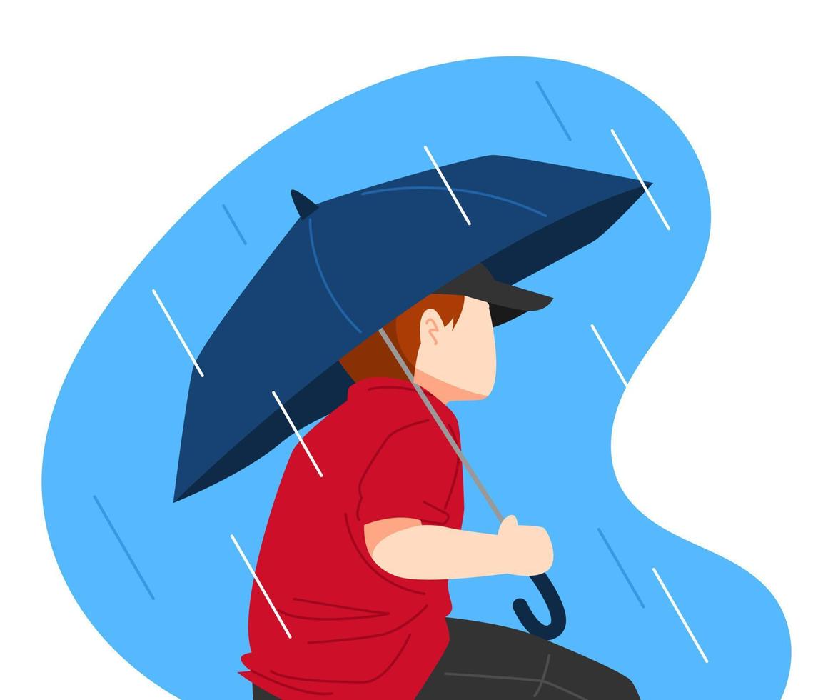 little boy in a hat using an umbrella. rainy day. side view, half body. weather, season, nature concept. vector flat illustration.