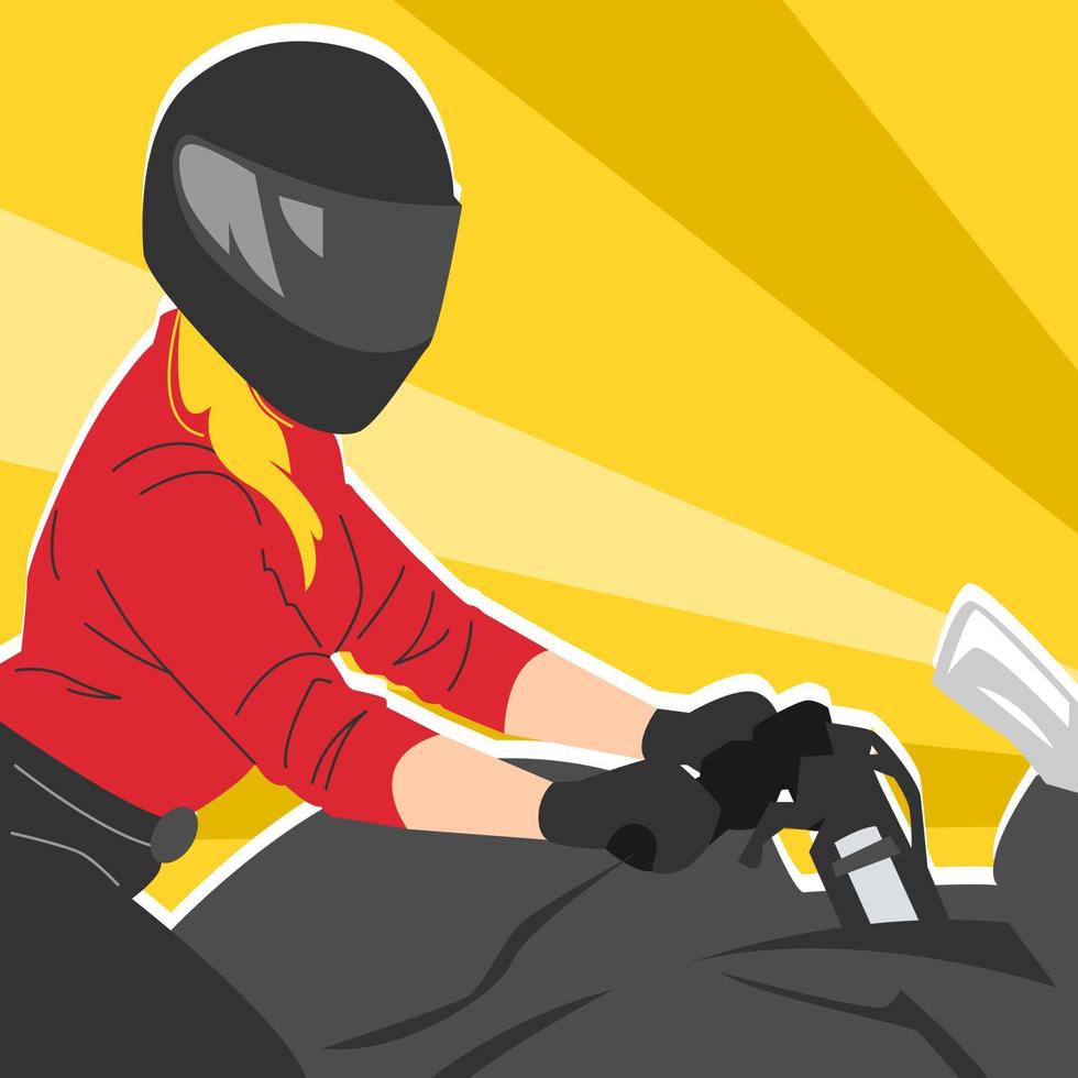 woman with motorcycle helmet riding sport bike. side view. concept of race, lifestyle, hobby, vehicle. vector flat illustration.