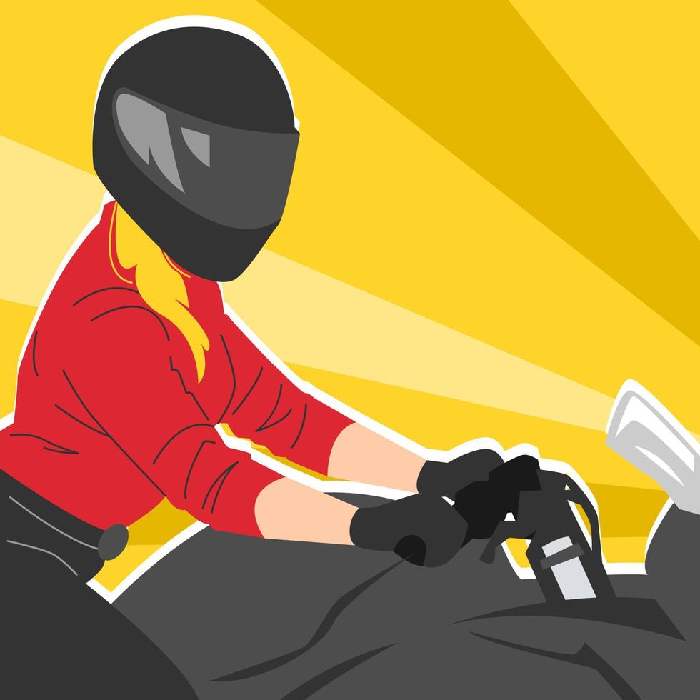 mujer con casco de moto montando en bicicleta deportiva. vista lateral. concepto de raza, estilo de vida, hobby, vehículo. ilustración plana vectorial. vector