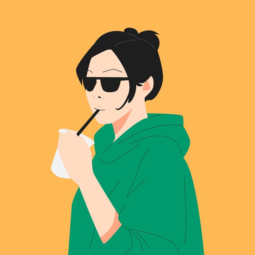 young girl wearing glasses drinking juice, boba milk tea, cocktail. short ponytail hair. vector flat illustration.