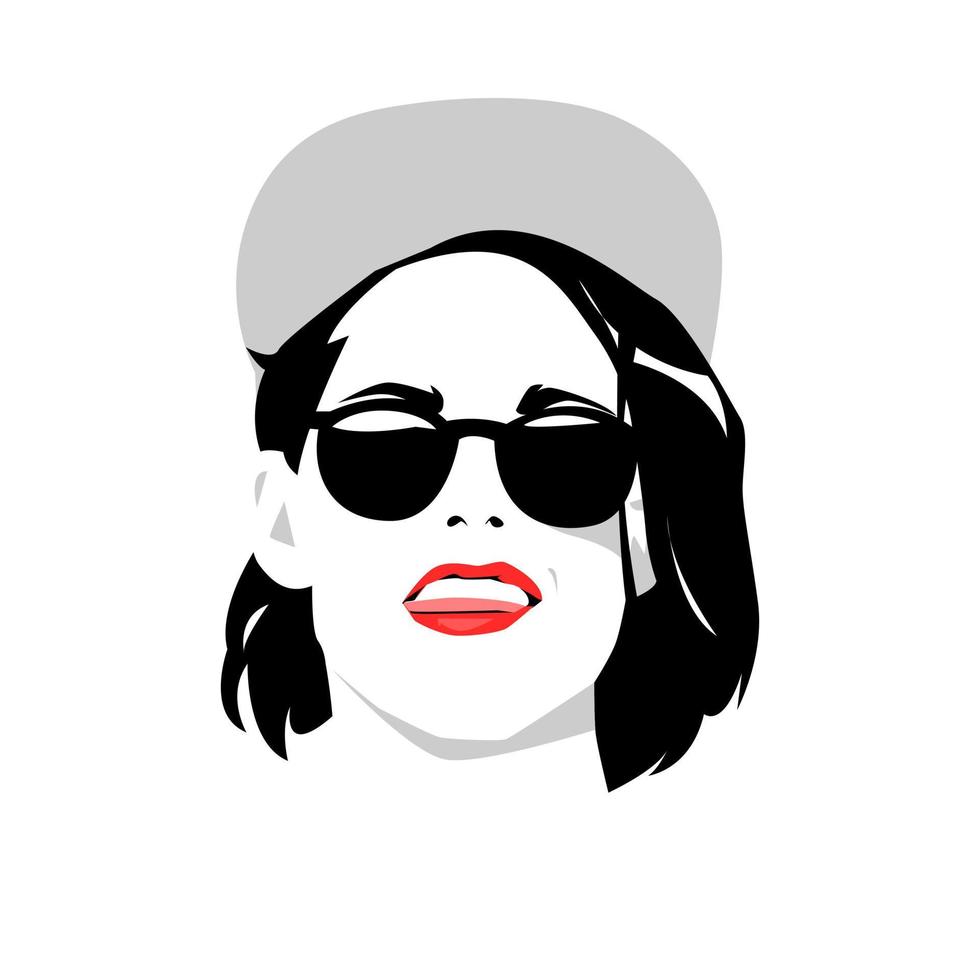 portrait of a beautiful girl with short hair, wearing a hat and glasses. vector design. silhouette. isolated white background.