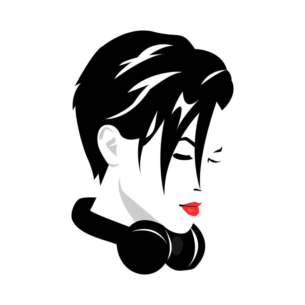 short hair female face portrait with headphones around neck. vector design. silhouette. isolated white background.
