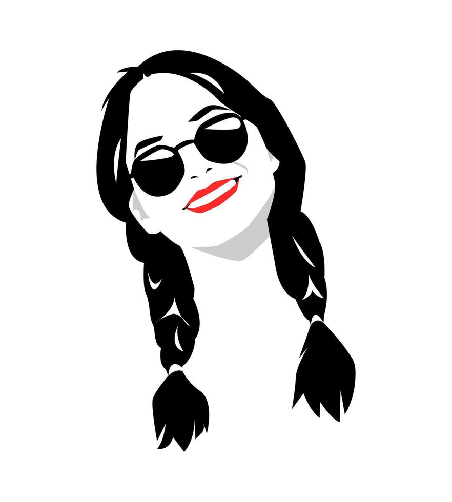 retrato de una mujer con un peinado de cola de caballo y gafas. sonreír. diseño vectorial silueta. fondo blanco aislado. vector