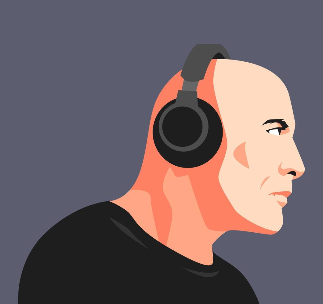 portrait of a male face looking to the side. bald. listening headphones. avatar for social media. for profile, template, print, sticker, poster, etc. flat vector illustration.