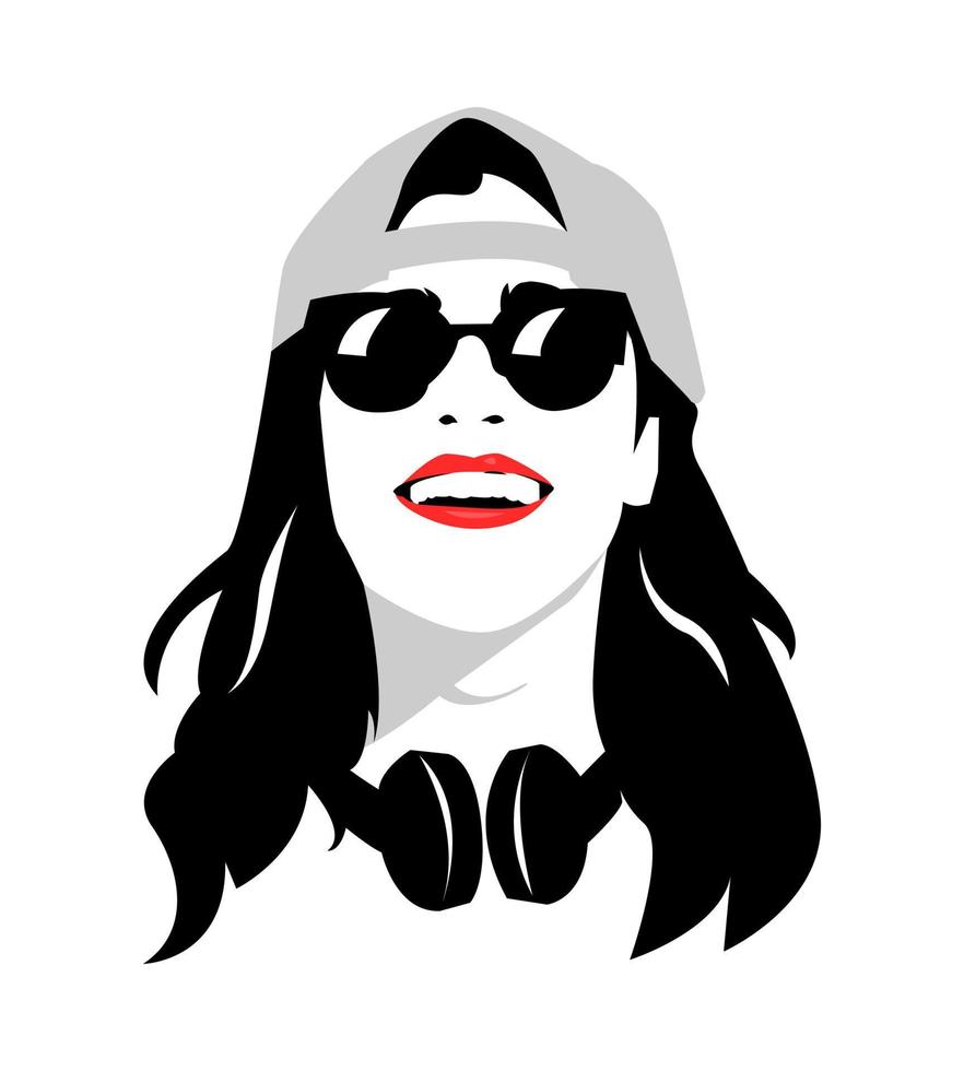 retrato de una hermosa chica con el pelo largo y con un sombrero al revés, gafas y auriculares alrededor del cuello. risa feliz. diseño vectorial silueta. fondo blanco aislado. vector