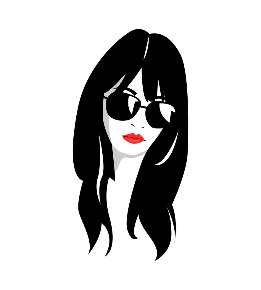 portrait of a girl with long hair and wearing glasses. vector design. silhouette. isolated white background.