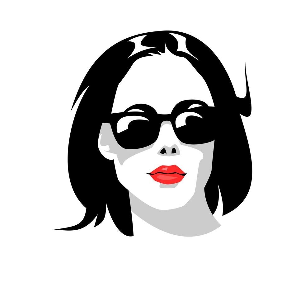 portrait of a short haired woman wearing glasses. vector design. silhouette. isolated white background.