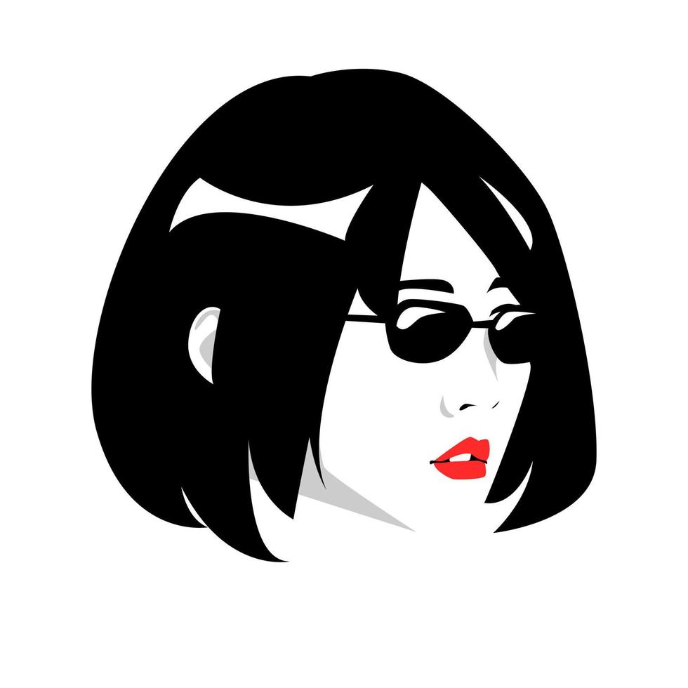 retrato de una mujer asiática con estilo de pelo corto con gafas. diseño vectorial silueta. fondo blanco aislado. vector