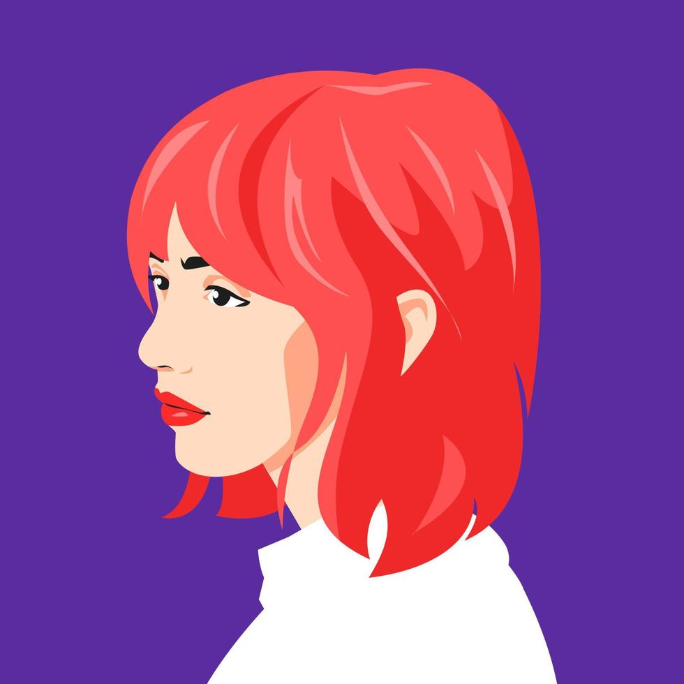 portrait of a beautiful girl face side view. short red hair. avatar for social media. colored. for profile, template, print, sticker, poster, etc. flat vector illustration