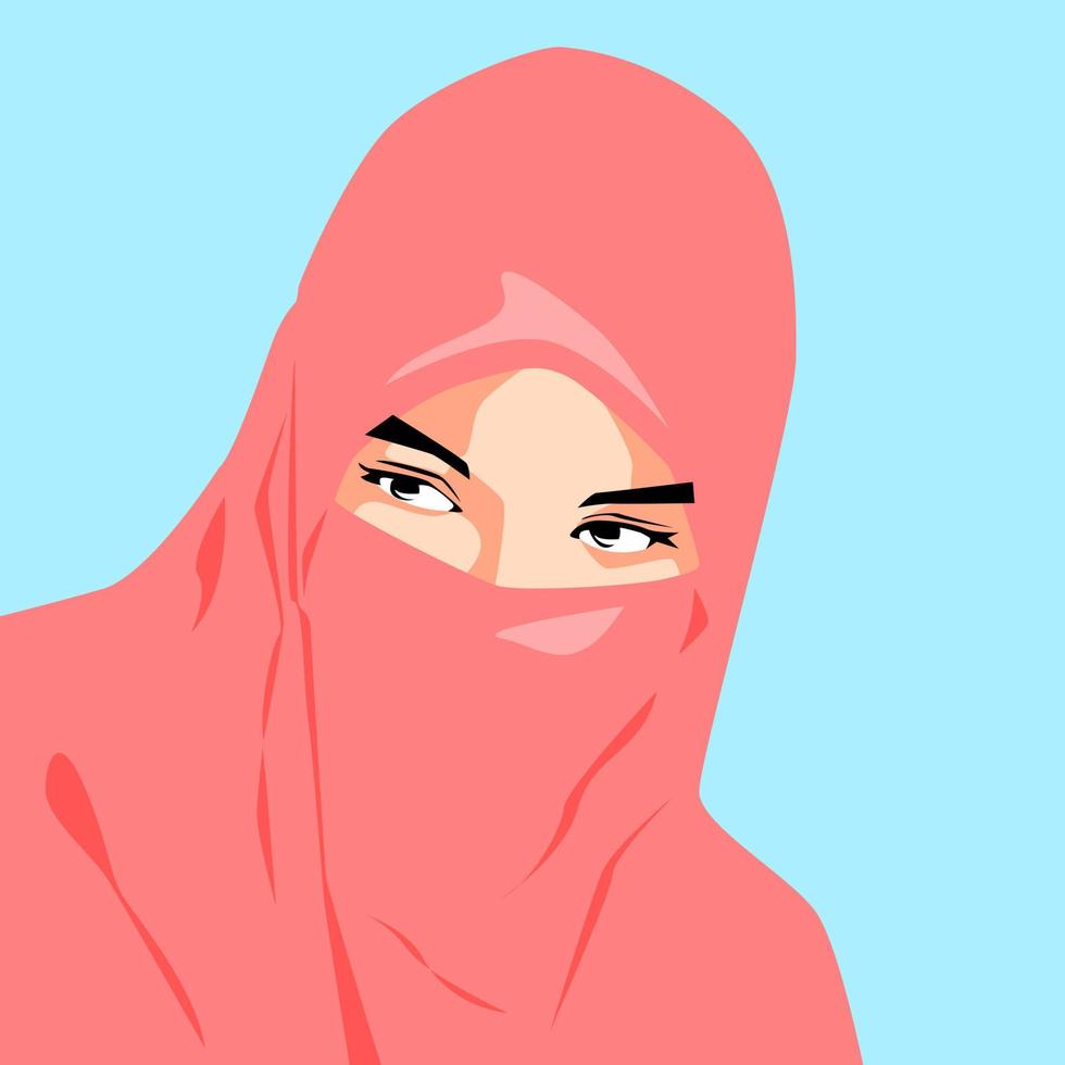 portrait of a beautiful woman wearing a hijab and a red veil. isolated light blue background. avatar or profile for social media. vector flat illustration