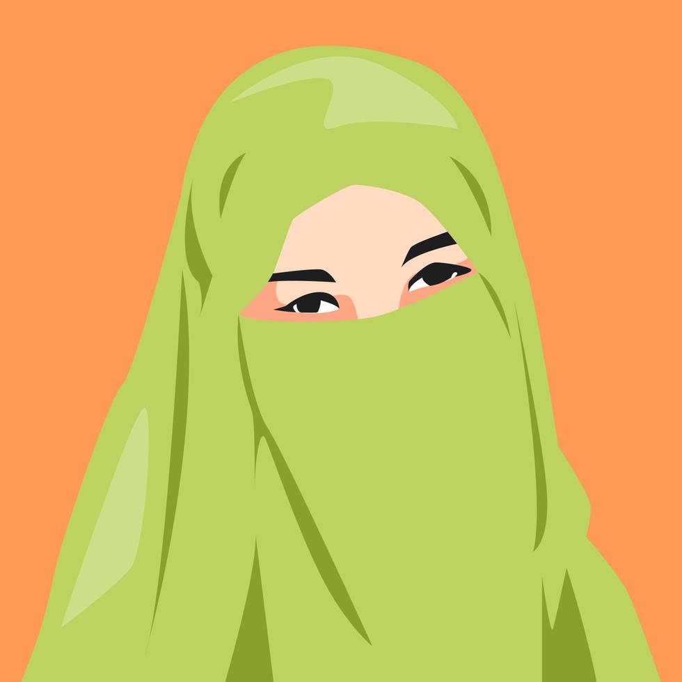 portrait of a beautiful woman wearing a hijab and veil in green. isolated orange background. avatar or profile for social media. vector flat illustration