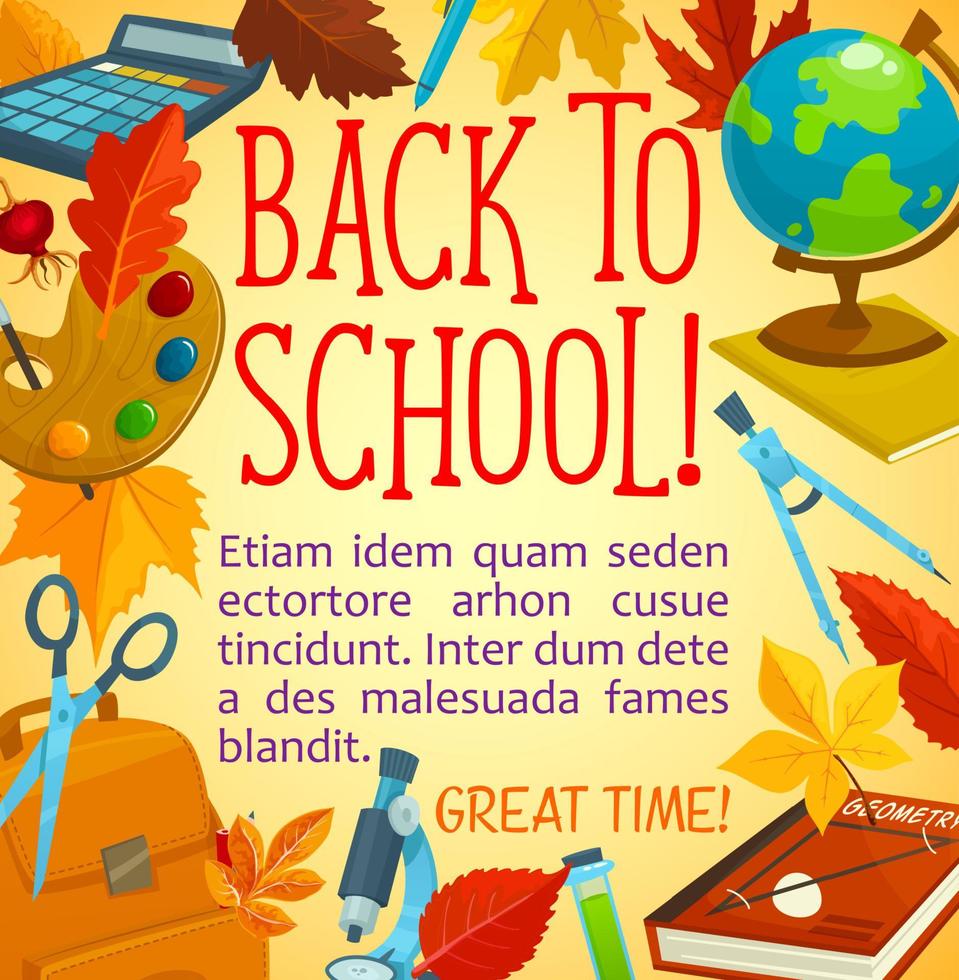 Back to school poster with frame of study supplies vector