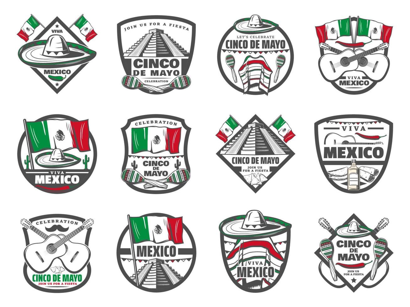 Cinco de Mayo Mexican vector retro sketch icons