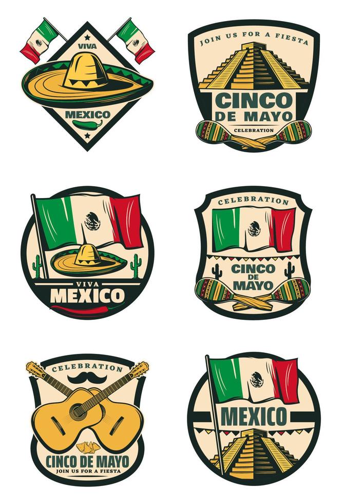 Cinco de Mayo Mexican holiday retro sketch icons vector