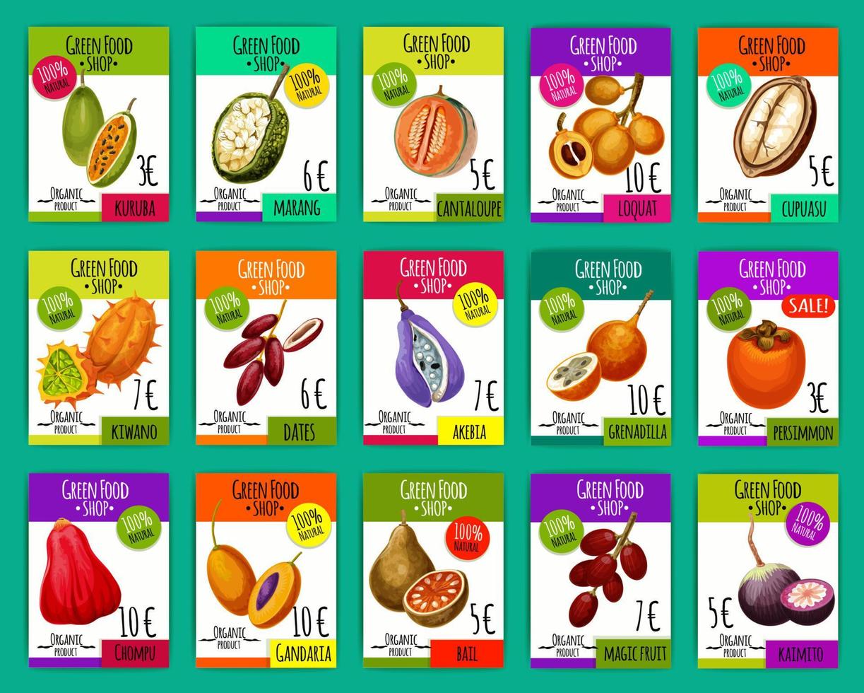 precios de la tienda de comida verde con vector de frutas exóticas