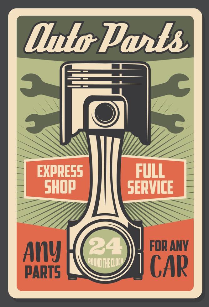 Car auto parts engine service shop retro poster vector