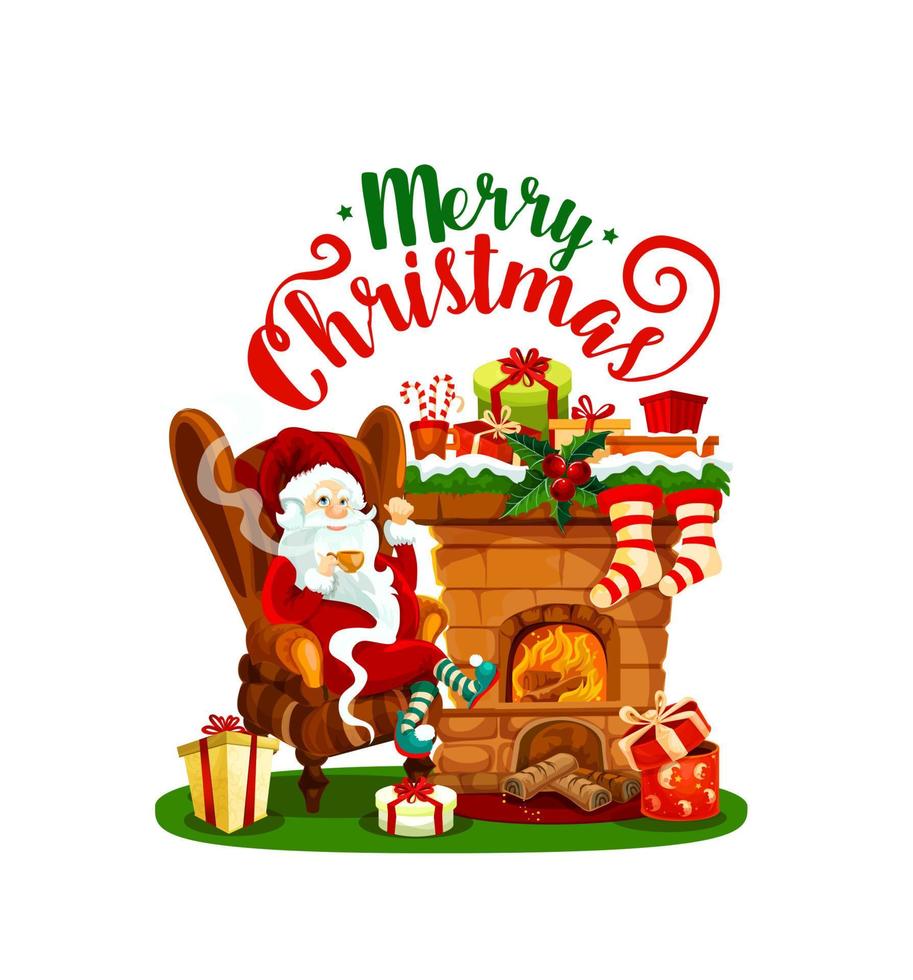 Santa Claus with Christmas fireplace and gift icon vector