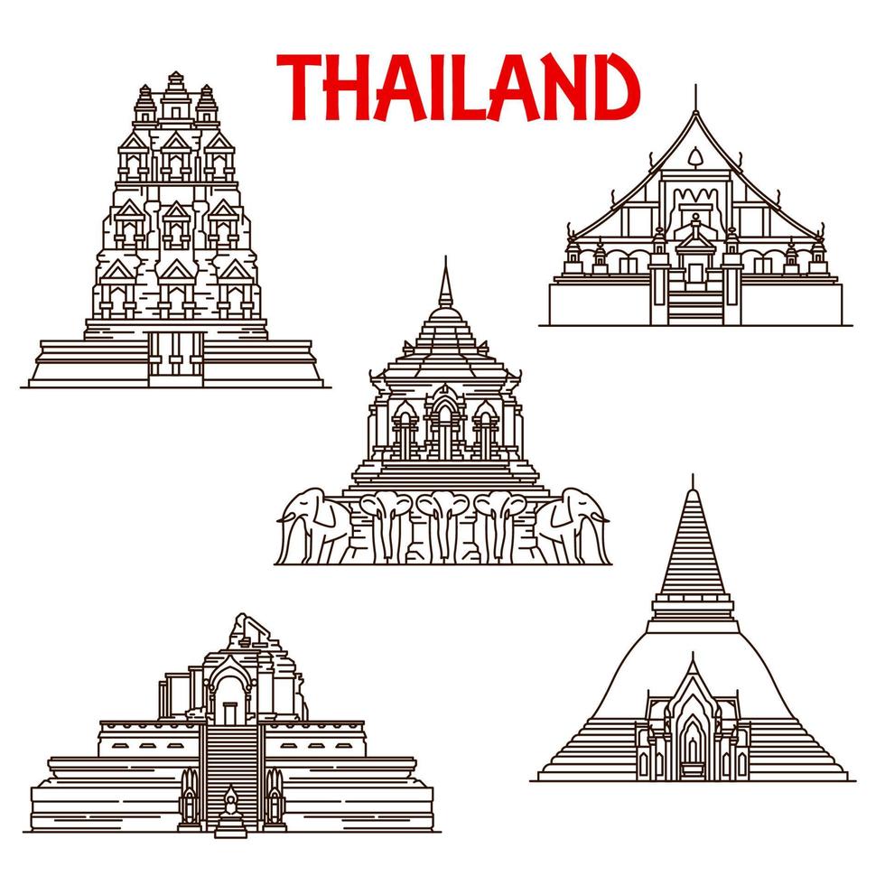 Thailand Chiang Mai, Ayutthaya temples line icons vector