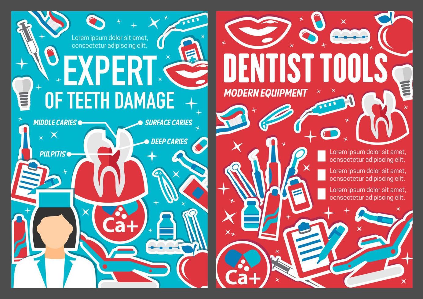Dentist doctor, medical and hygiene objects vector