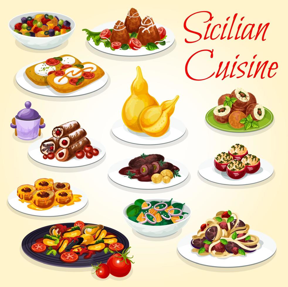 platos de ensalada, pasta, estofado y postre sicilianos vector