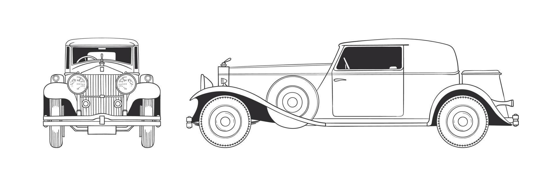 Retro car. Hand drawn car front and side view. Vector illustration