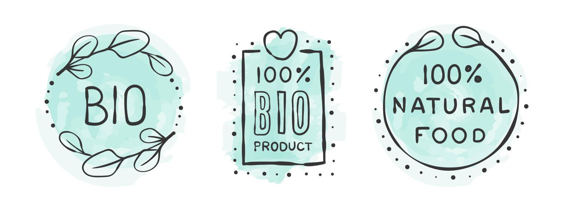 BIO products signs . Organic product icons. Icons of natural food. Hand-drawn icons. Vector illustration