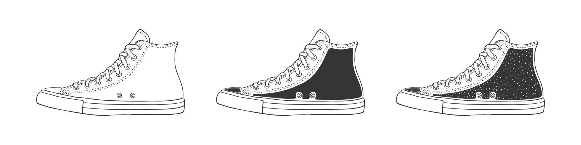 Sneaker icons. Classic sneakers. Fashion footwear. Hand-drawn style shoes. Vector image