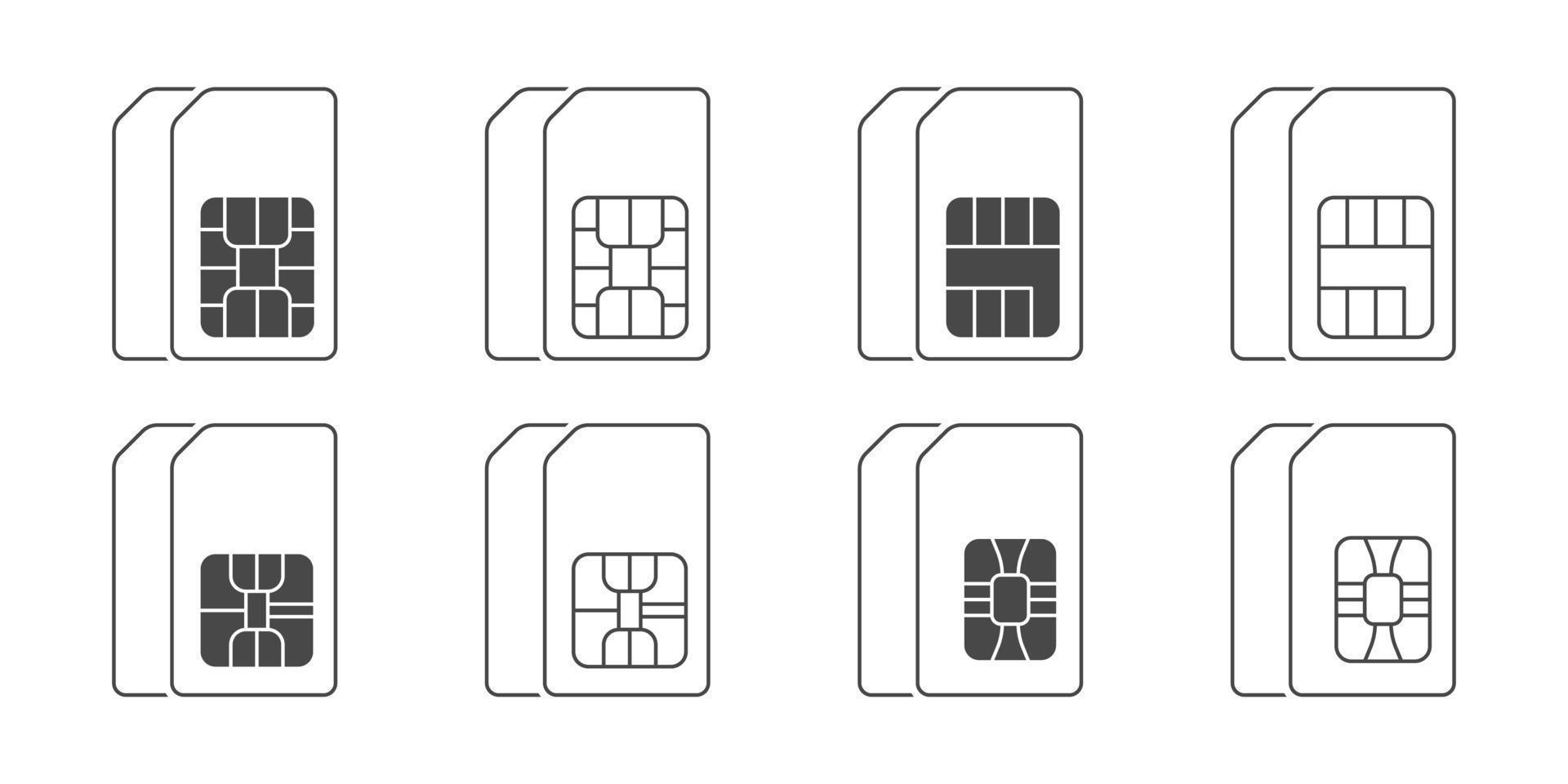 Dual sim card icons. SIM card icons set. Linear icons of sim cards of mobile phones. Vector illustration
