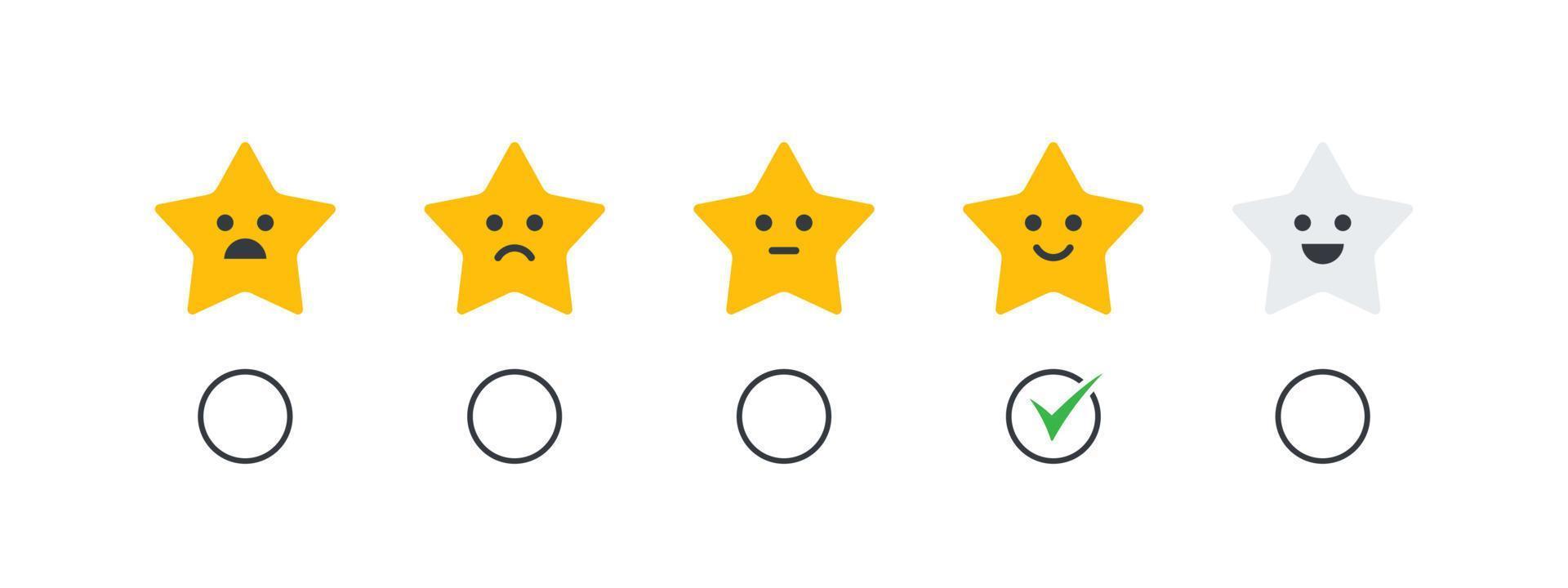 Rating stars icons. Service evaluation badges. Smileys stars icons. Vector icons