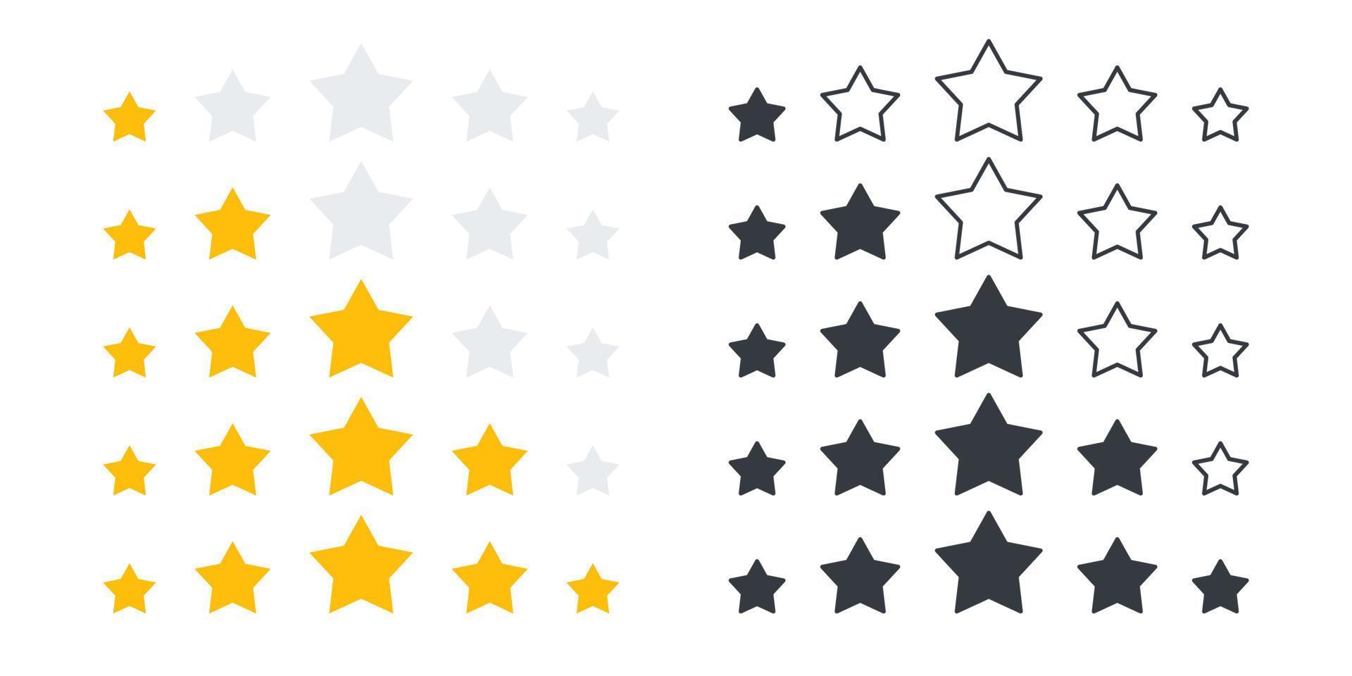 Rating stars icons set. Feedback icons. Product rating or customer review with gold stars and black stars. Vector icons