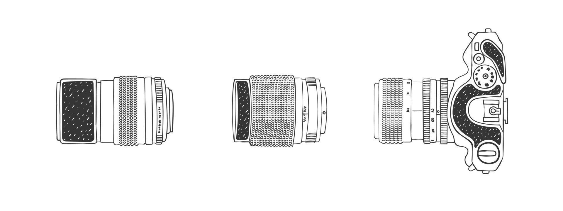 cámara y vista superior de dos lentes. boceto de cámara y lente. imagen dibujada a mano. ilustración vectorial vector