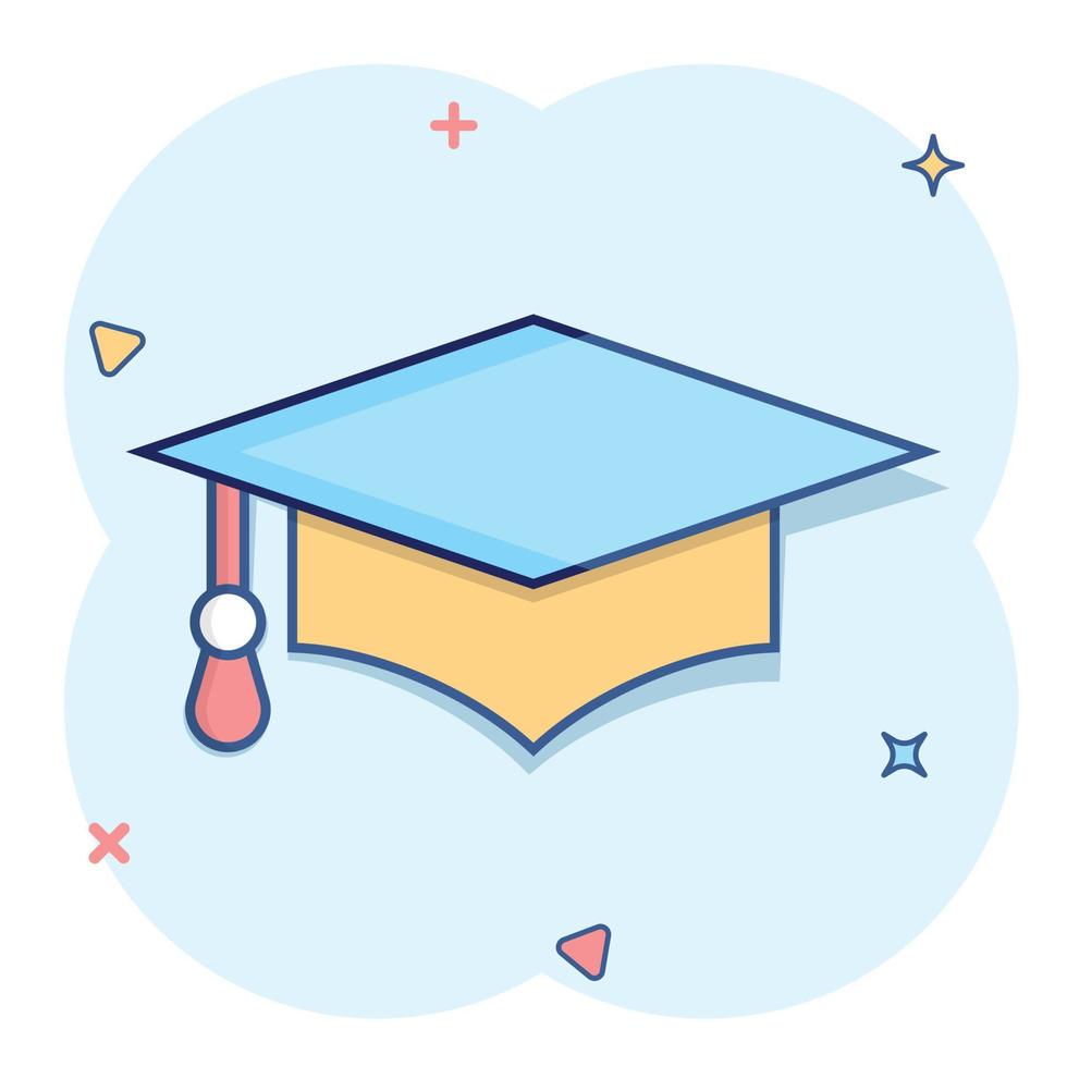 Graduation hat icon in comic style. Student cap cartoon vector illustration on white isolated background. University splash effect business concept.