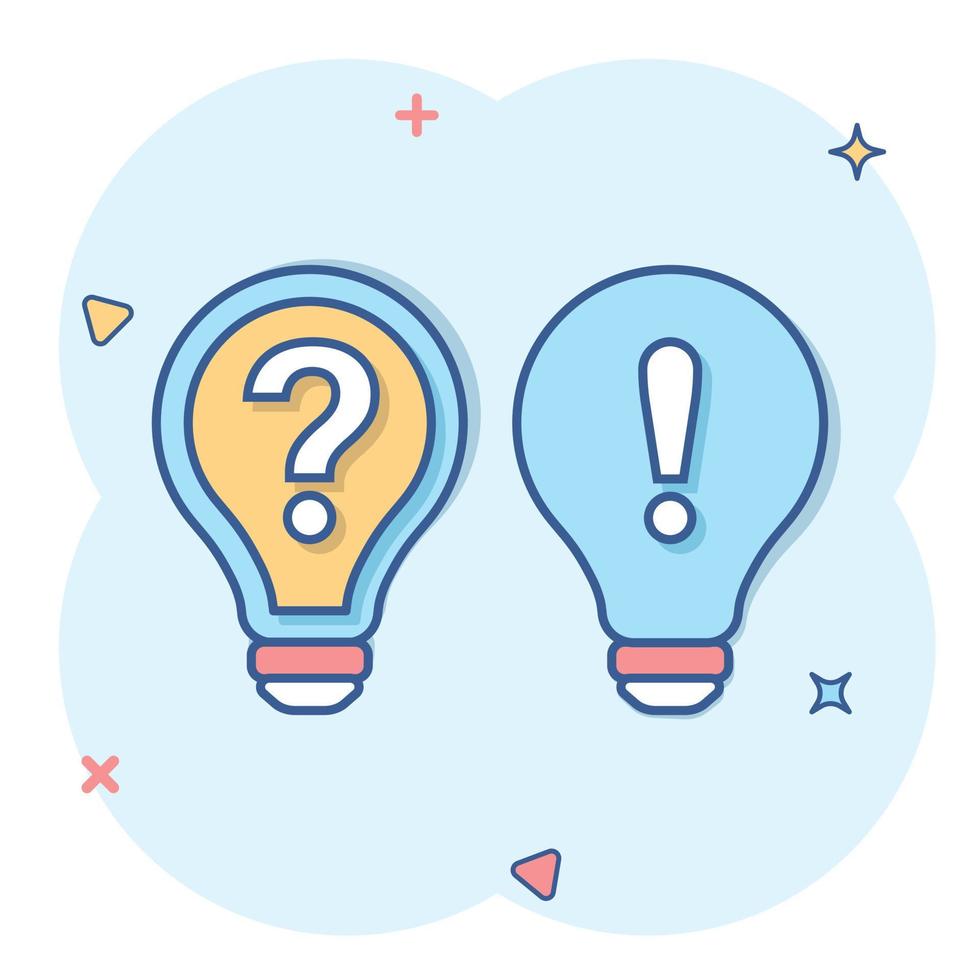 Problem solution icon in comic style. Light bulb idea vector cartoon illustration on isolated background. Question and answer business concept.