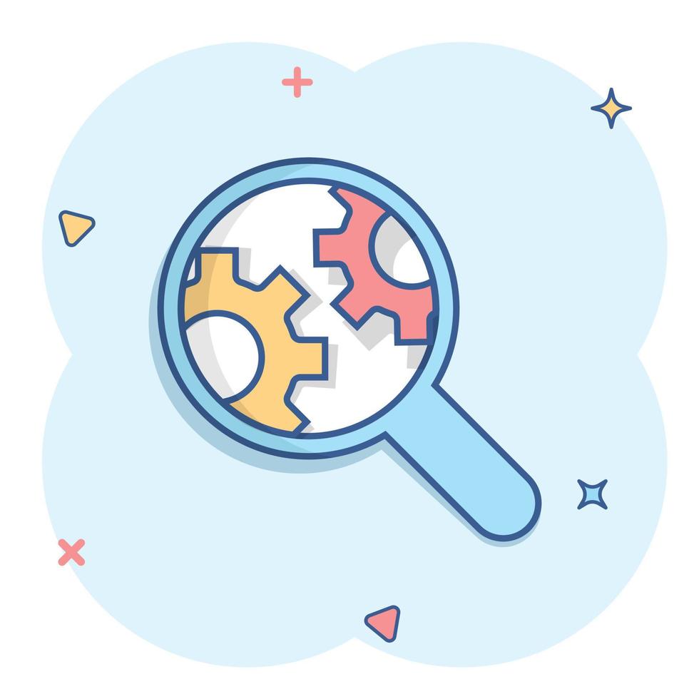 Loupe with gear icon in comic style. Magnifying glass cartoon vector illustration on white isolated background. Seo exploration splash effect business concept.